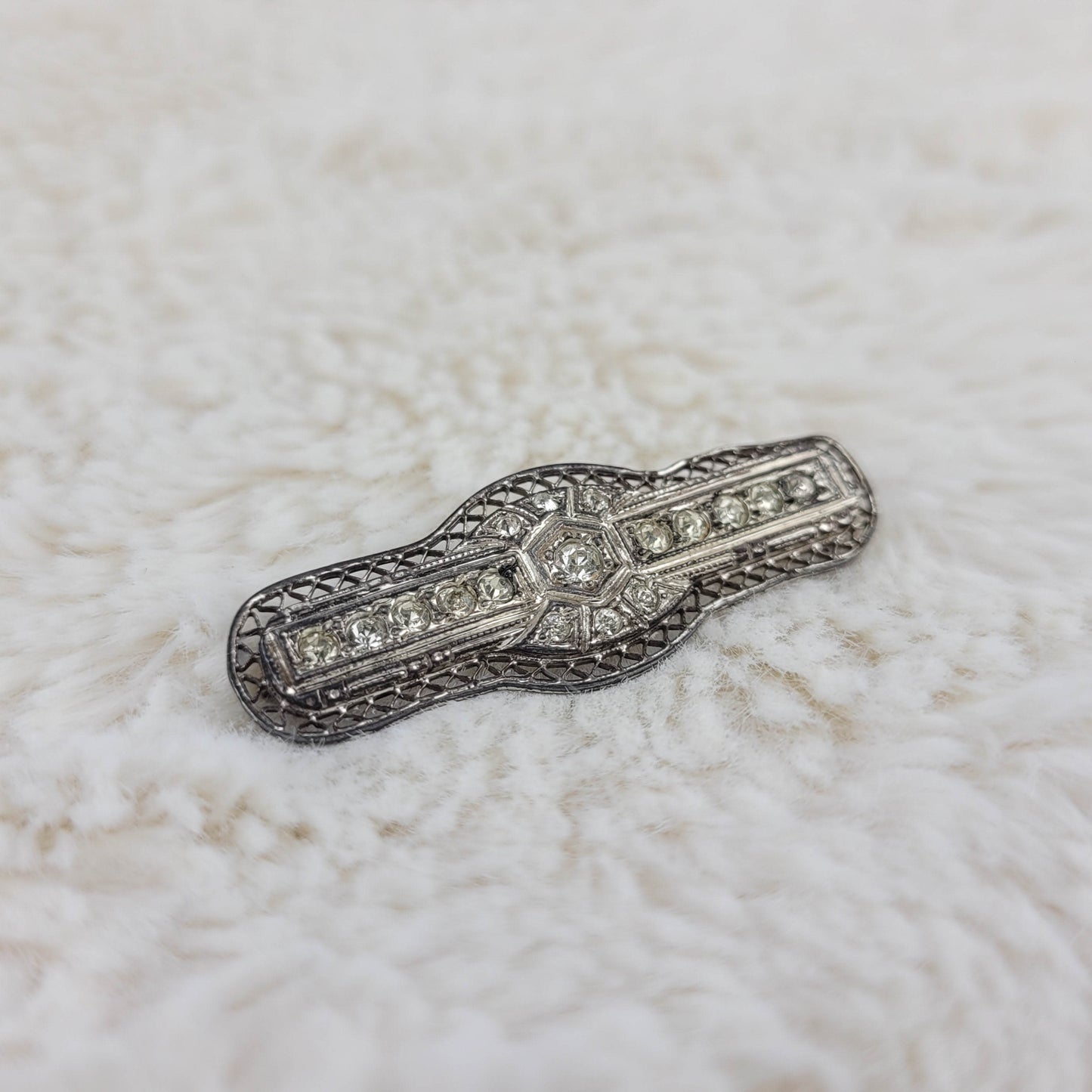 1920's Silver Metal Filigree and Rhinestone Bar Pin