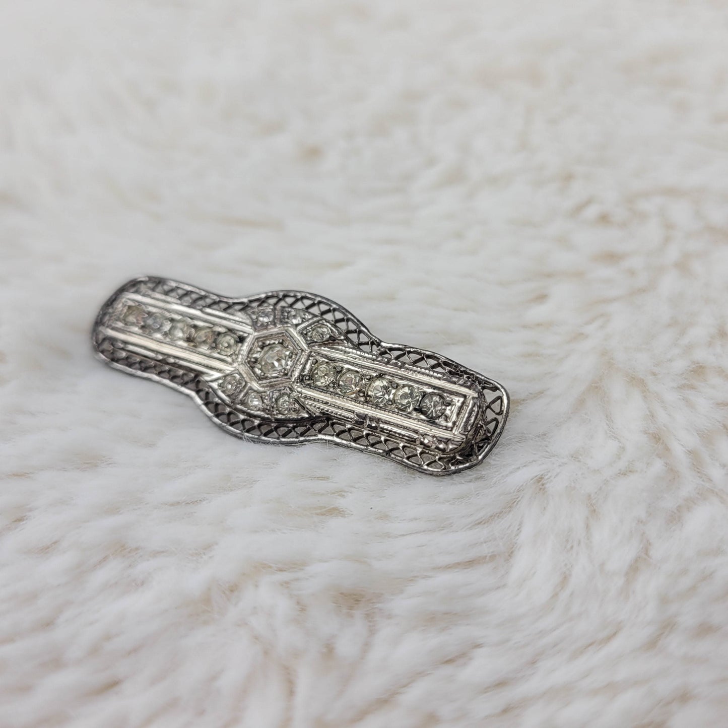 1920's Silver Metal Filigree and Rhinestone Bar Pin