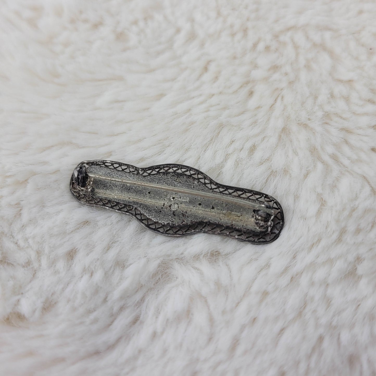 1920's Silver Metal Filigree and Rhinestone Bar Pin