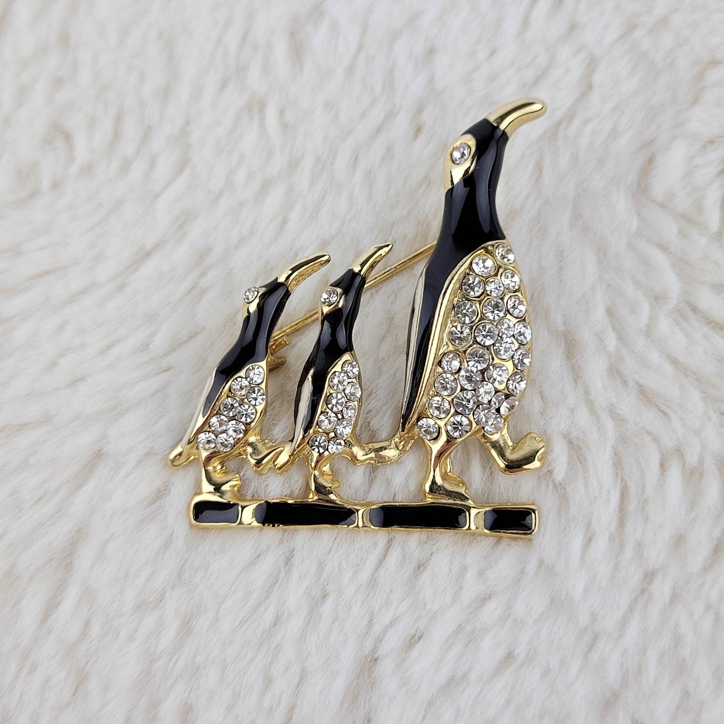 1950's Marching Penguins Black Enamel and Rhinestones Pin