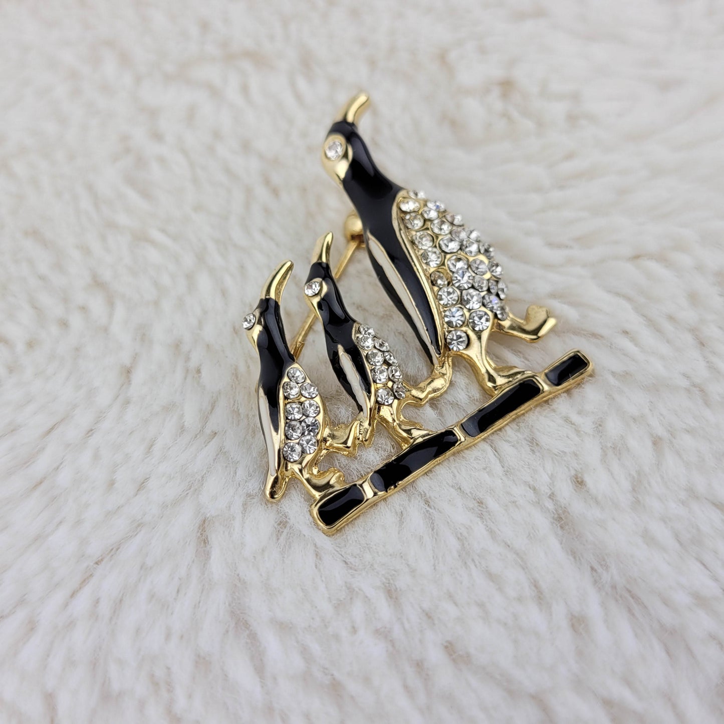 1950's Marching Penguins Black Enamel and Rhinestones Pin