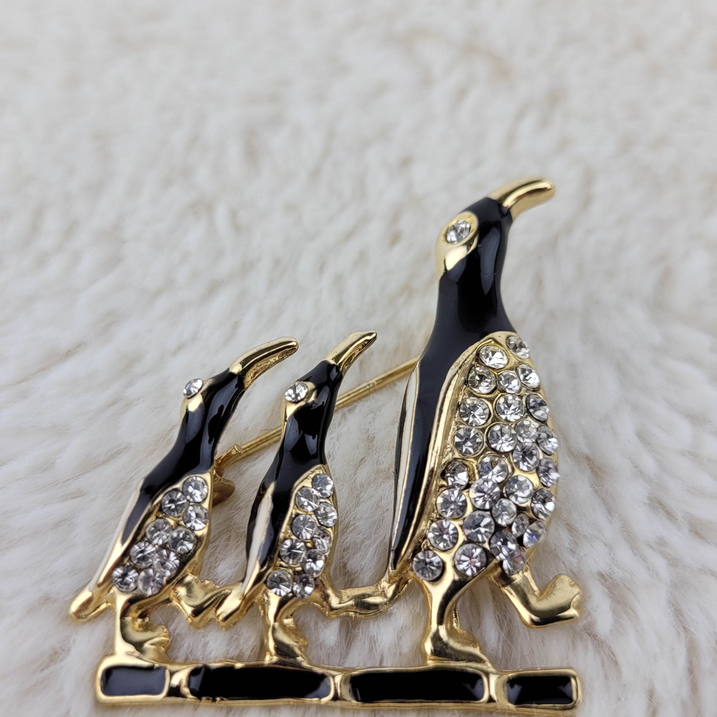 1950's Marching Penguins Black Enamel and Rhinestones Pin