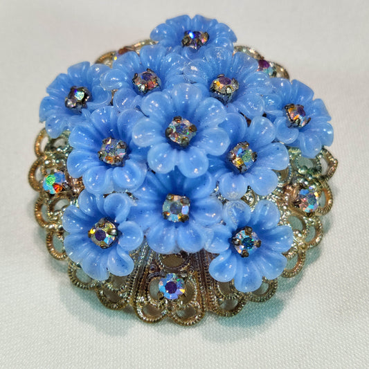 1940's Blue Flower and Aurora Borealis Rhinestone Dome Pin