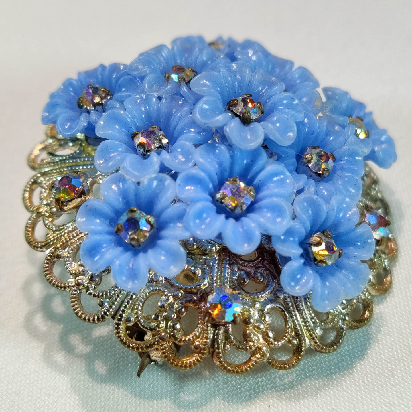 1940's Blue Flower and Aurora Borealis Rhinestone Dome Pin