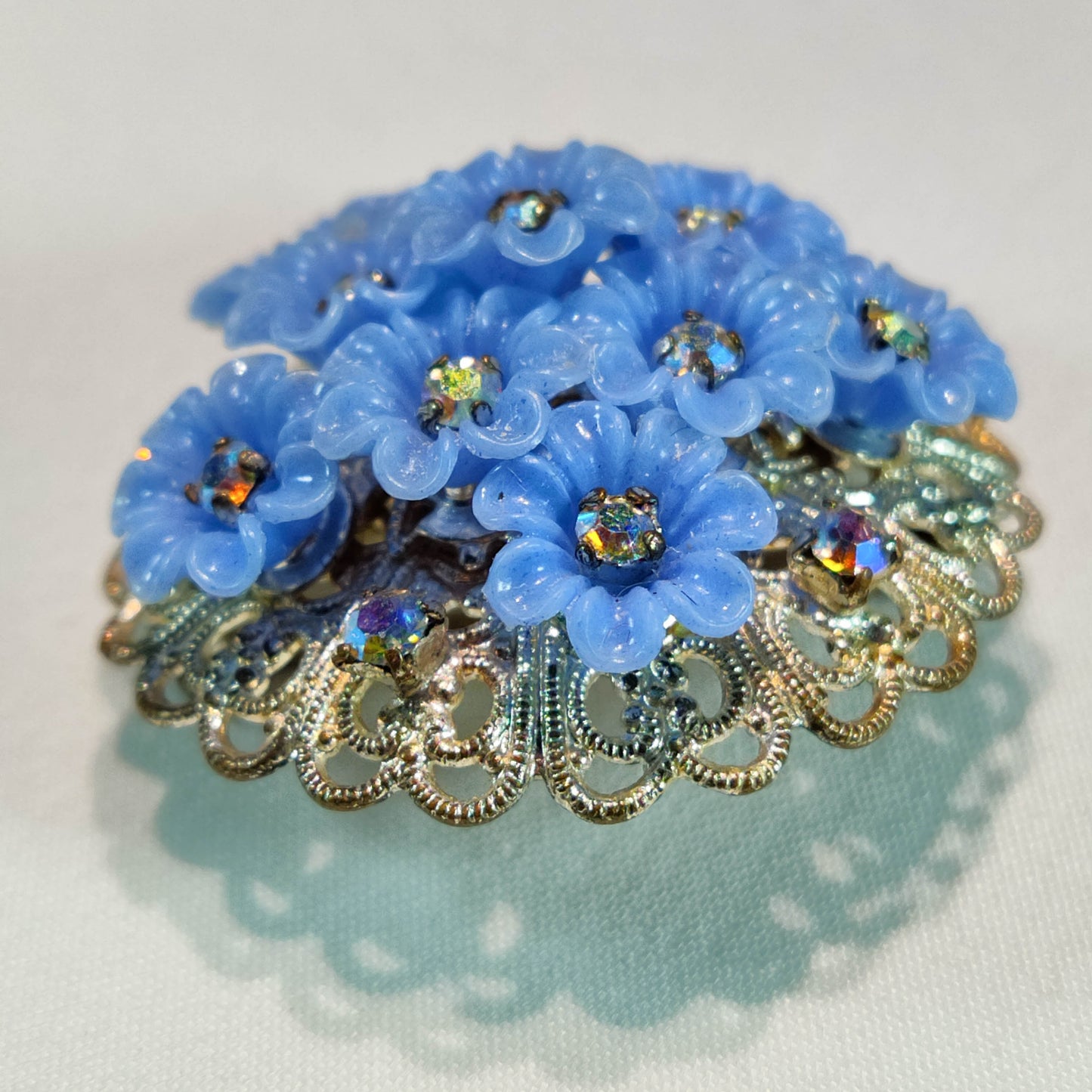 1940's Blue Flower and Aurora Borealis Rhinestone Dome Pin