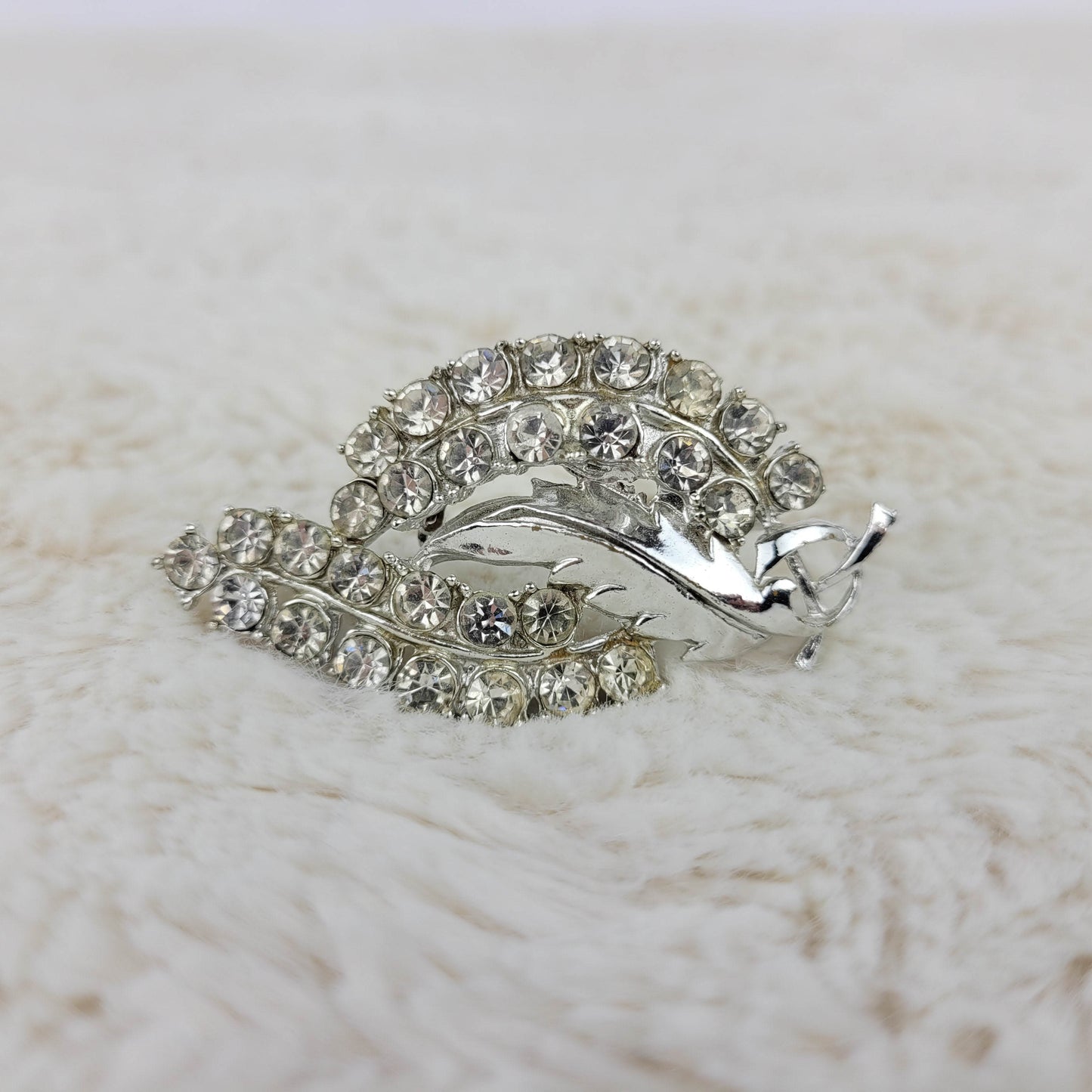 1950's Clear Rhinestone and Silver Metal Leaf Pin