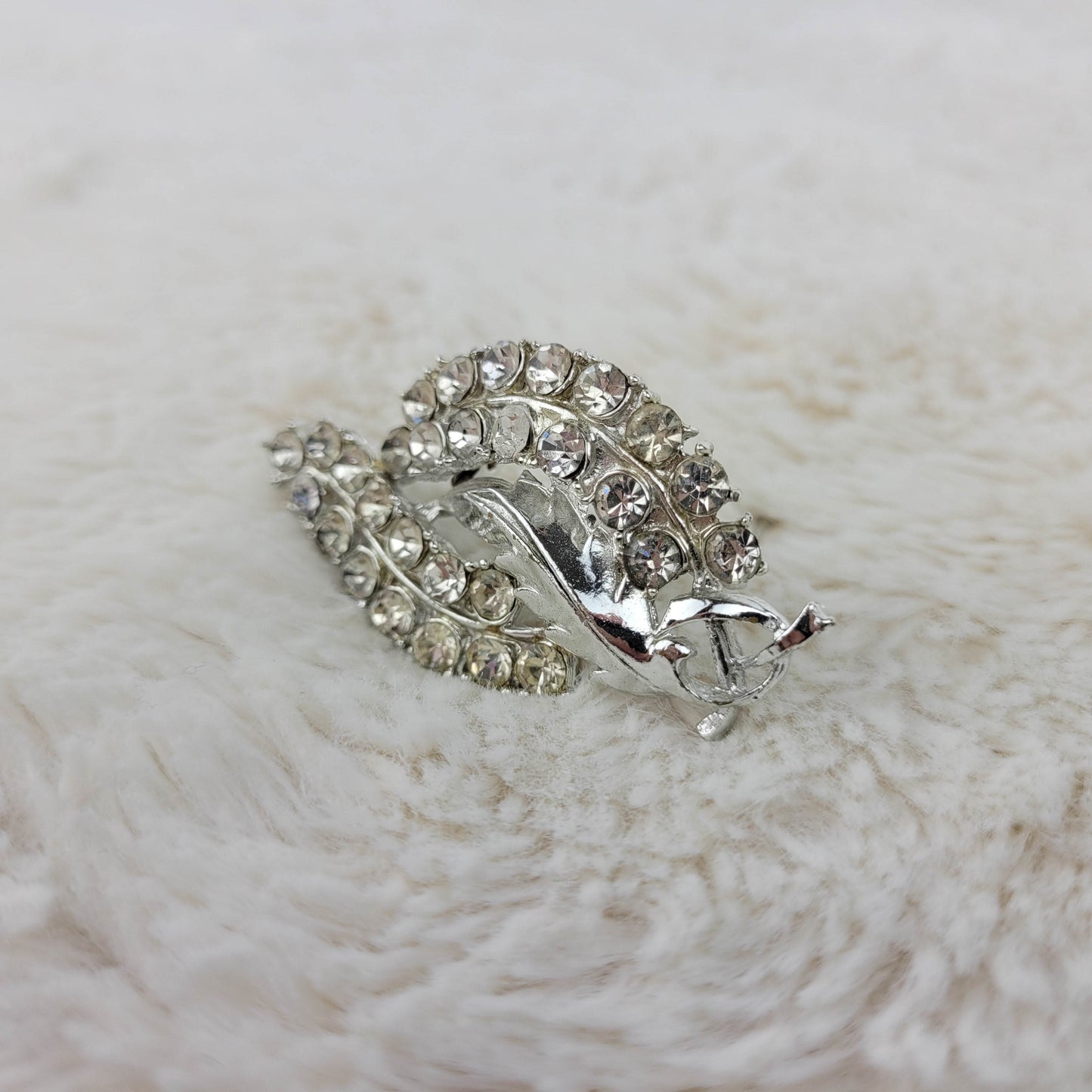 1950's Clear Rhinestone and Silver Metal Leaf Pin