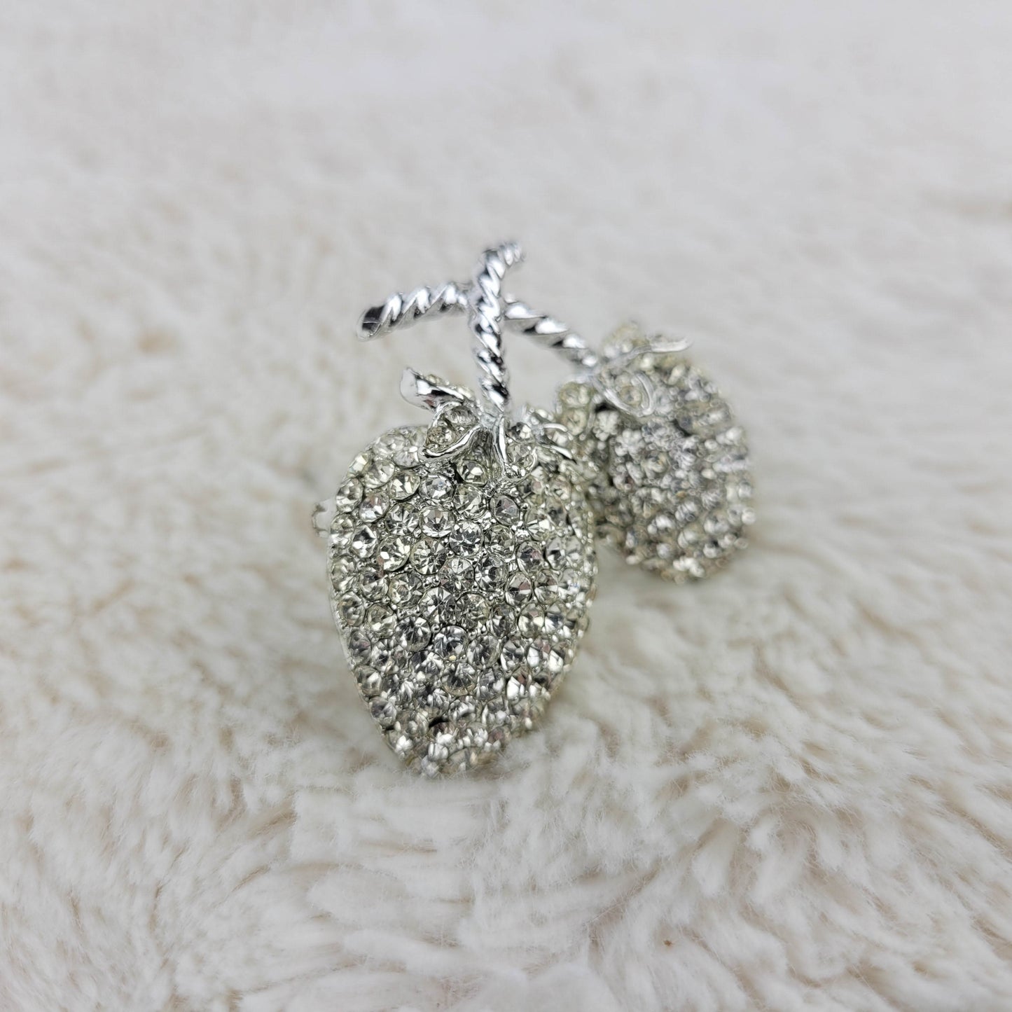 1950's Clear Rhinestone Silver Metal Cherries Pin by Weiss