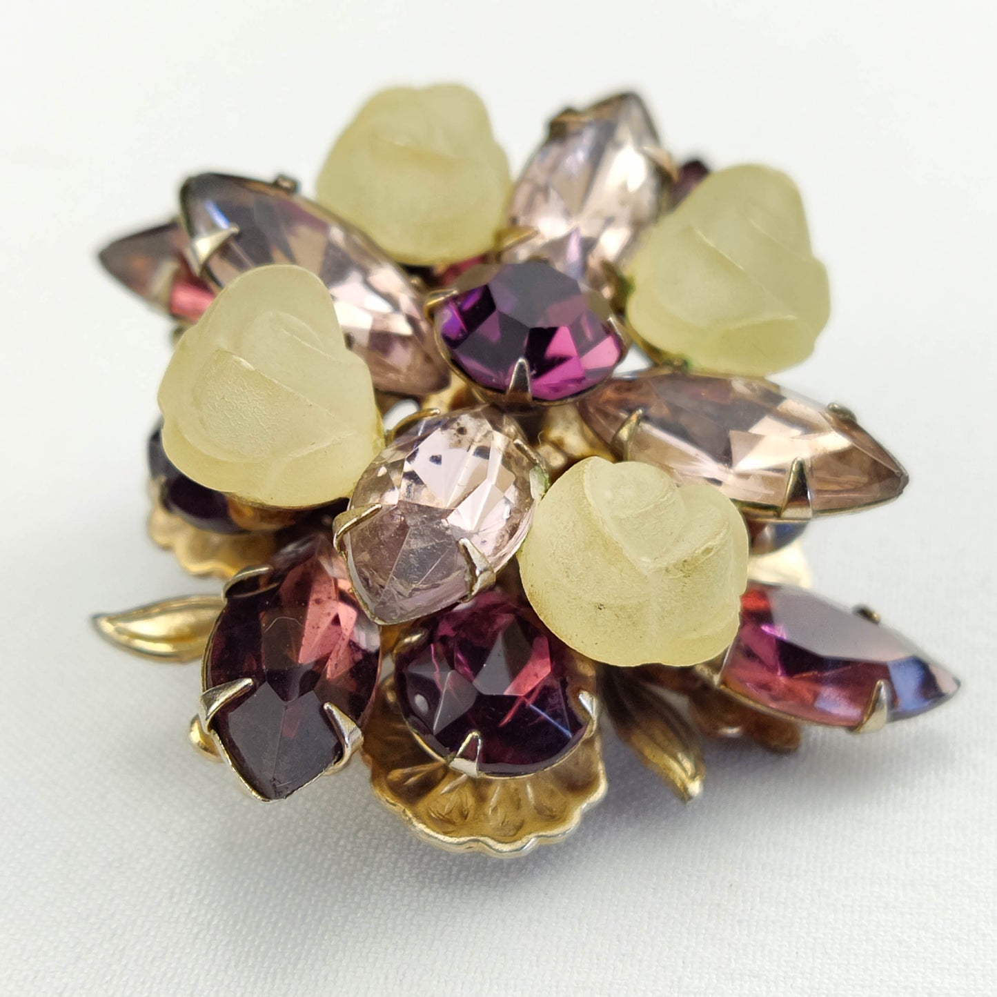 1940's Purple Rhinestone and Ivory Lucite Cluster Pin