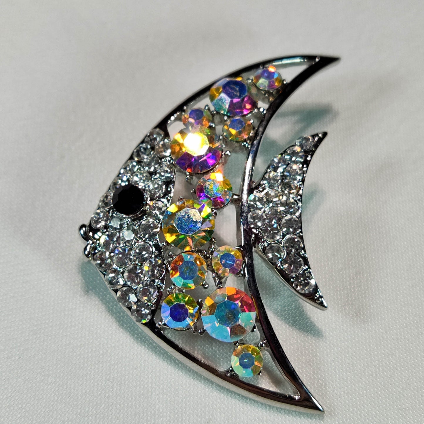 1950's Silver Tone Metal Fish with Aurora Borealis Rhinestones