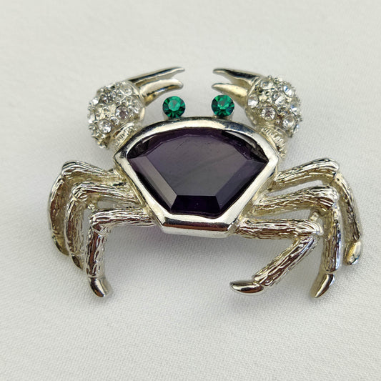 1960's Silver Metal Crab Pin with Rhinestones