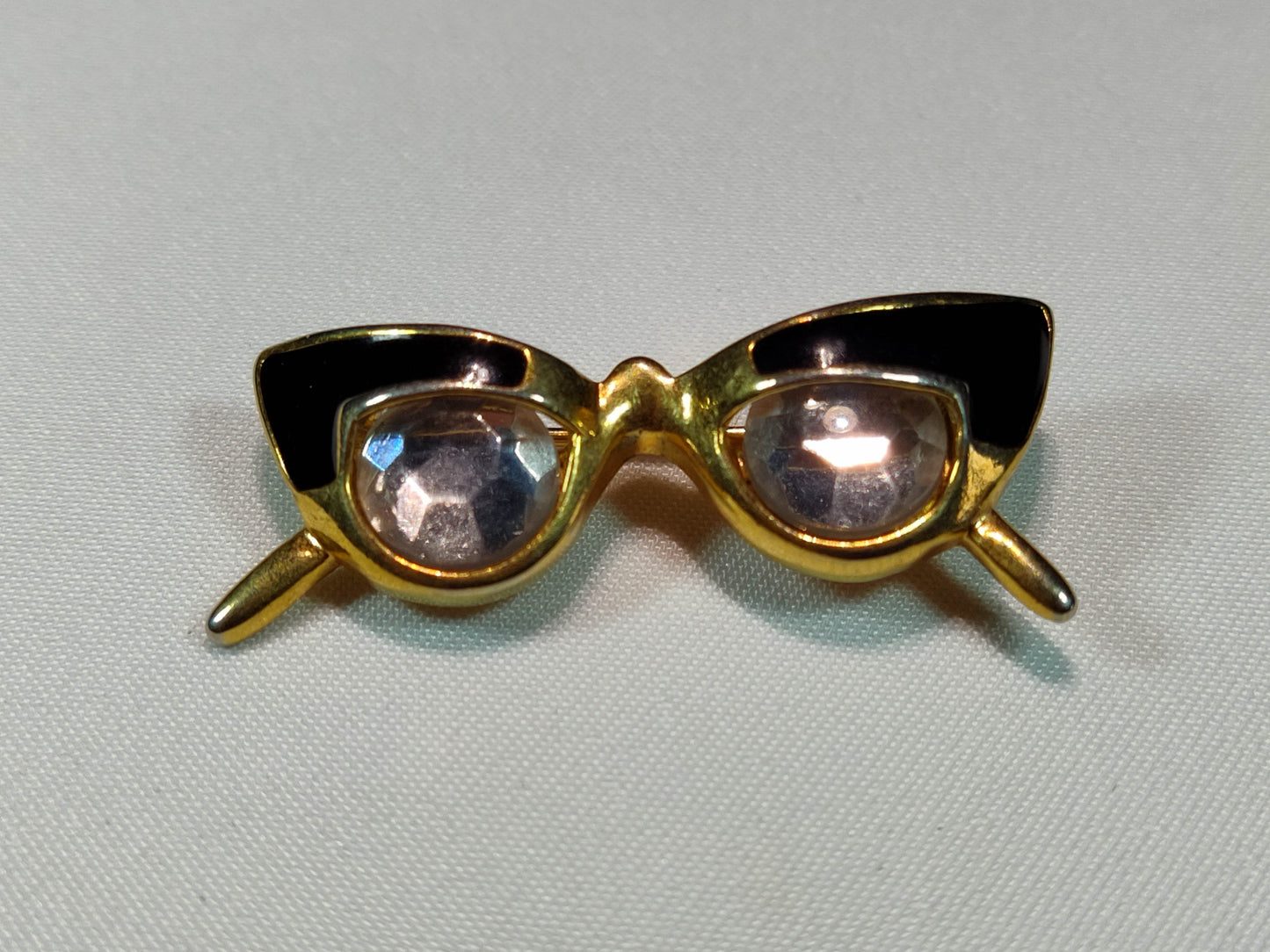 1950's Gold Metal, Rhinestone and Black Enamel Cat's Eye Glasses Pin