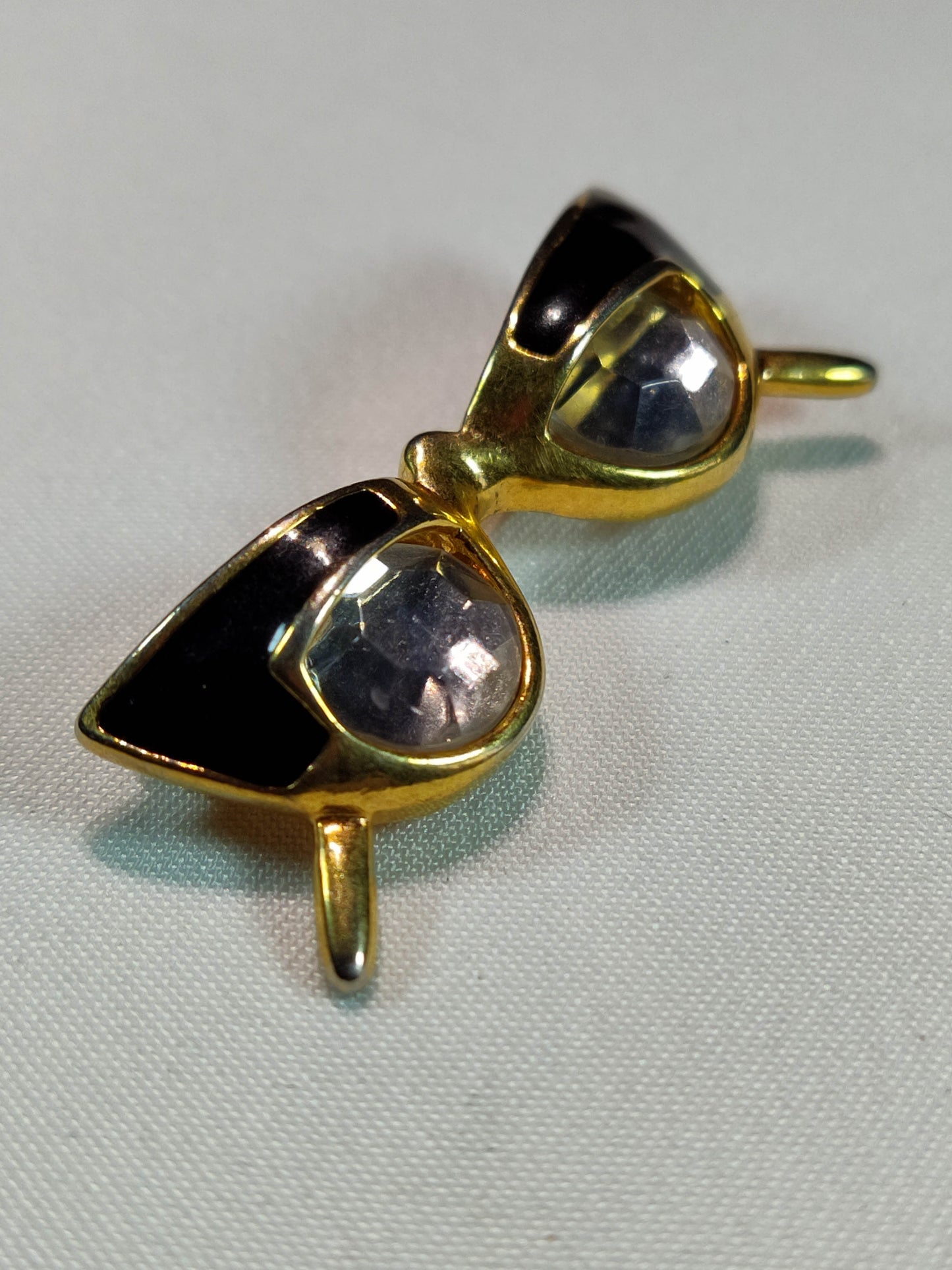 1950's Gold Metal, Rhinestone and Black Enamel Cat's Eye Glasses Pin