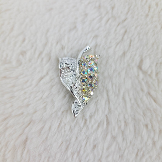 1950's Silver Metal and Aurora Borealis Rhinestone Leaf Pin