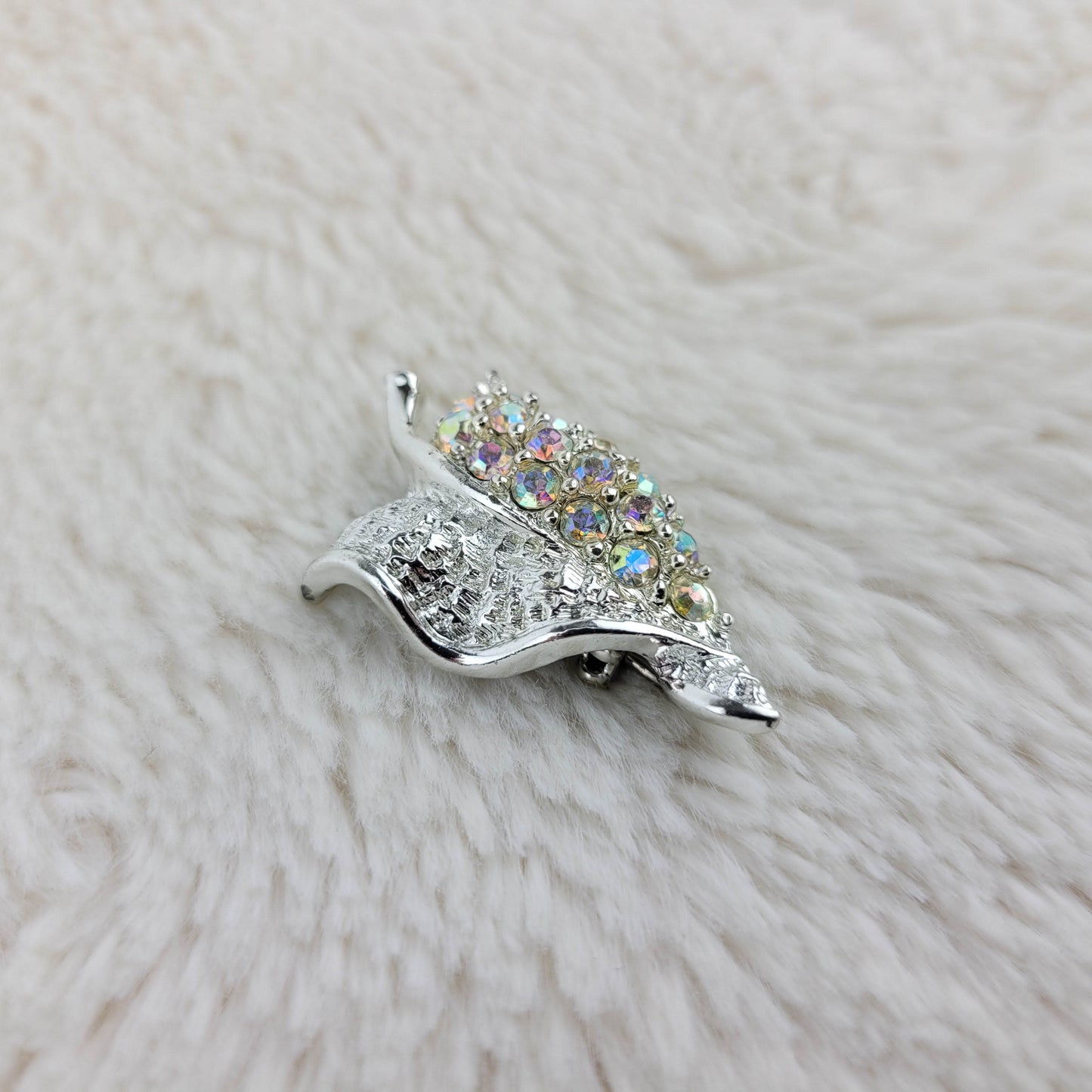 1950's Silver Metal and Aurora Borealis Rhinestone Leaf Pin