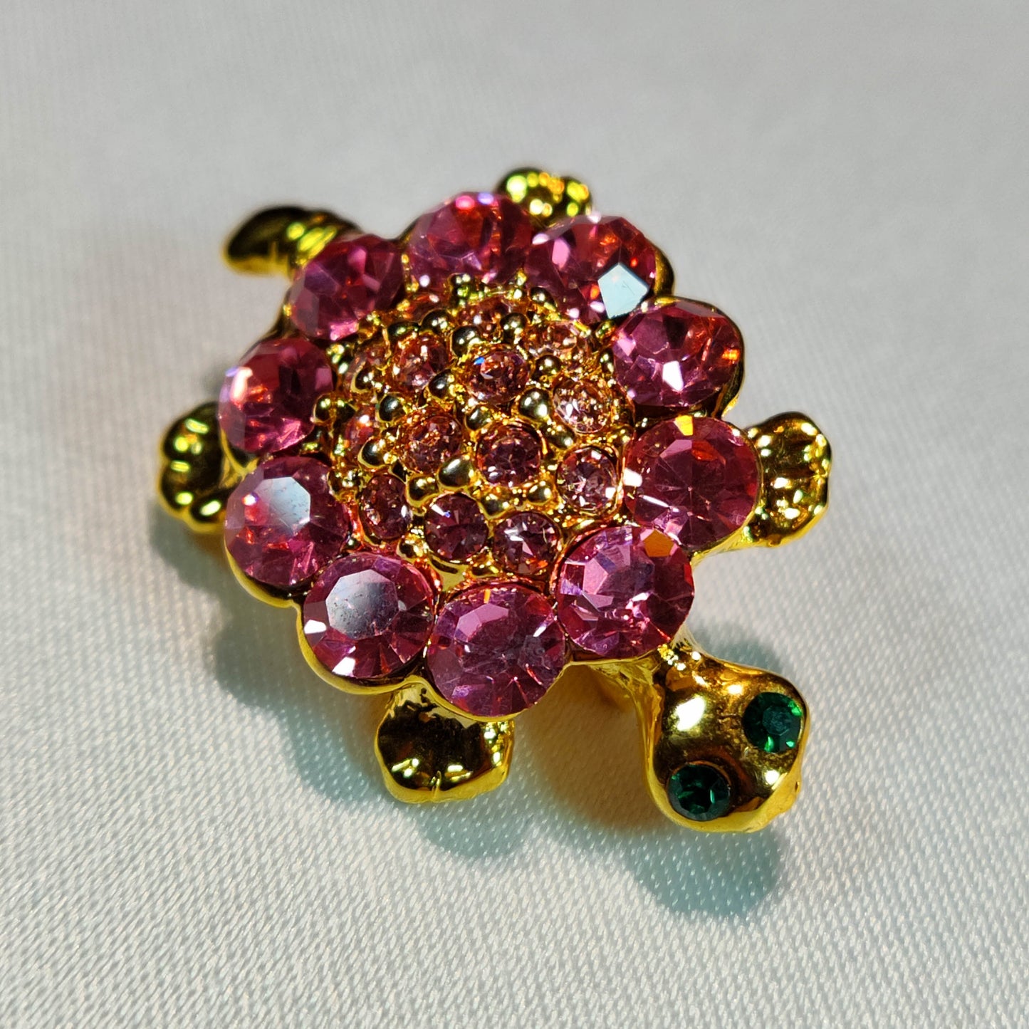 1950's Pink Rhinestone and Gold Medal Turtle Pin