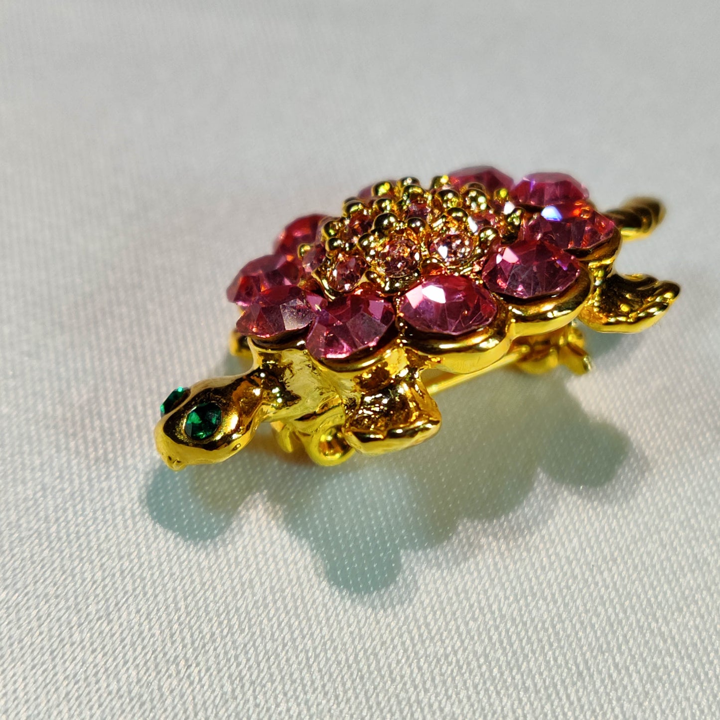 1950's Pink Rhinestone and Gold Medal Turtle Pin