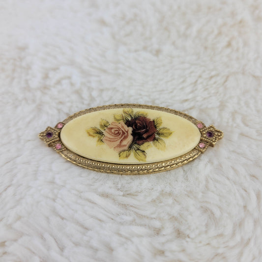 1940's Oval Worked Gold Medal Lacquer Flower Pin with Rhinestones