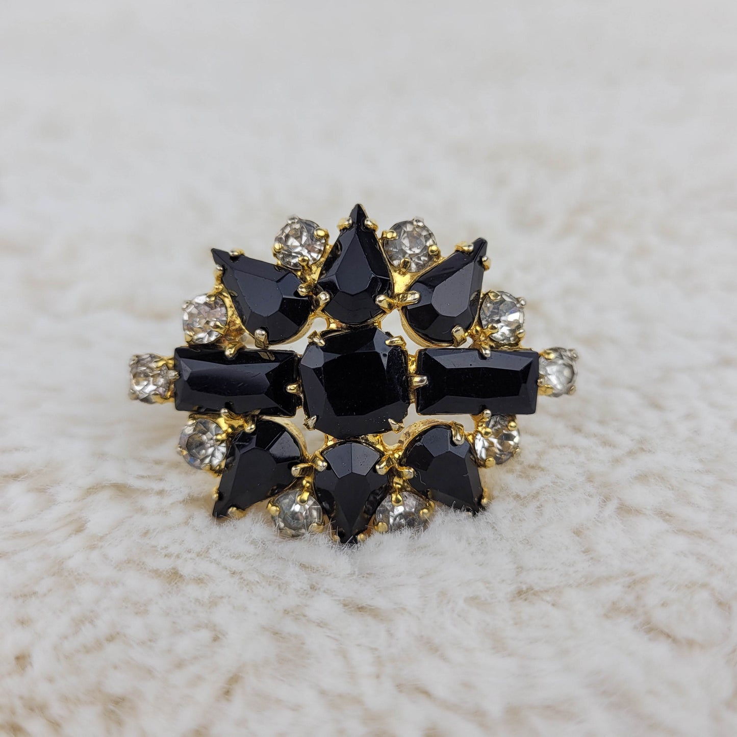 1950's Black and Clear Rhinestone Flower Pin