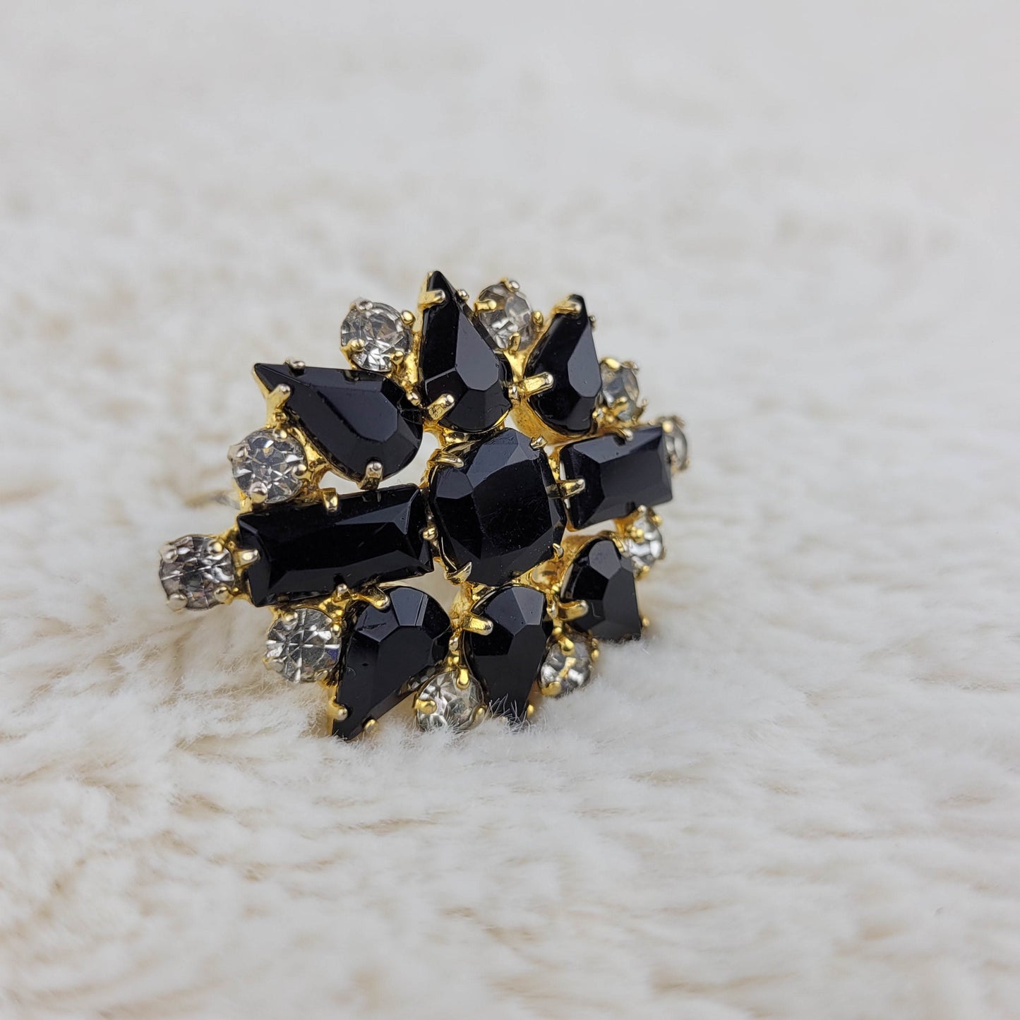 1950's Black and Clear Rhinestone Flower Pin