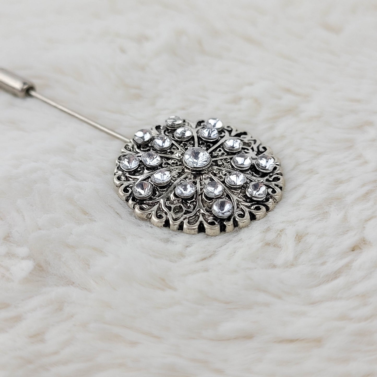 1960's Silver Metal and Clear Rhinestone Stick Pin